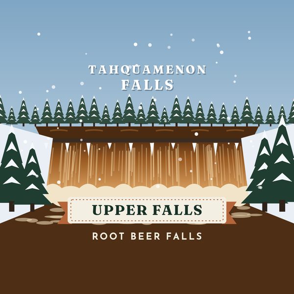 Mitten Trails drawing of the Upper Falls at Tahquamenon, labeled Root Beer Falls.