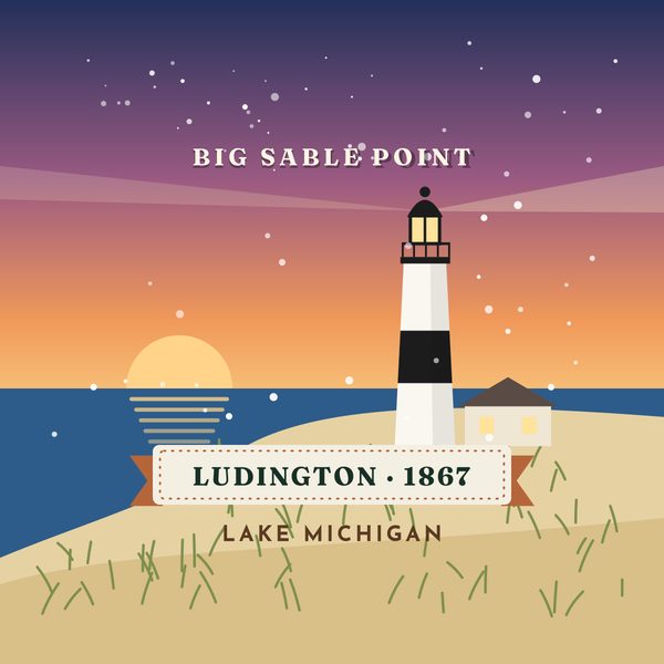 Mitten Trails drawing of Big Sable Point Light, a white tower with a black band, dated 1867.